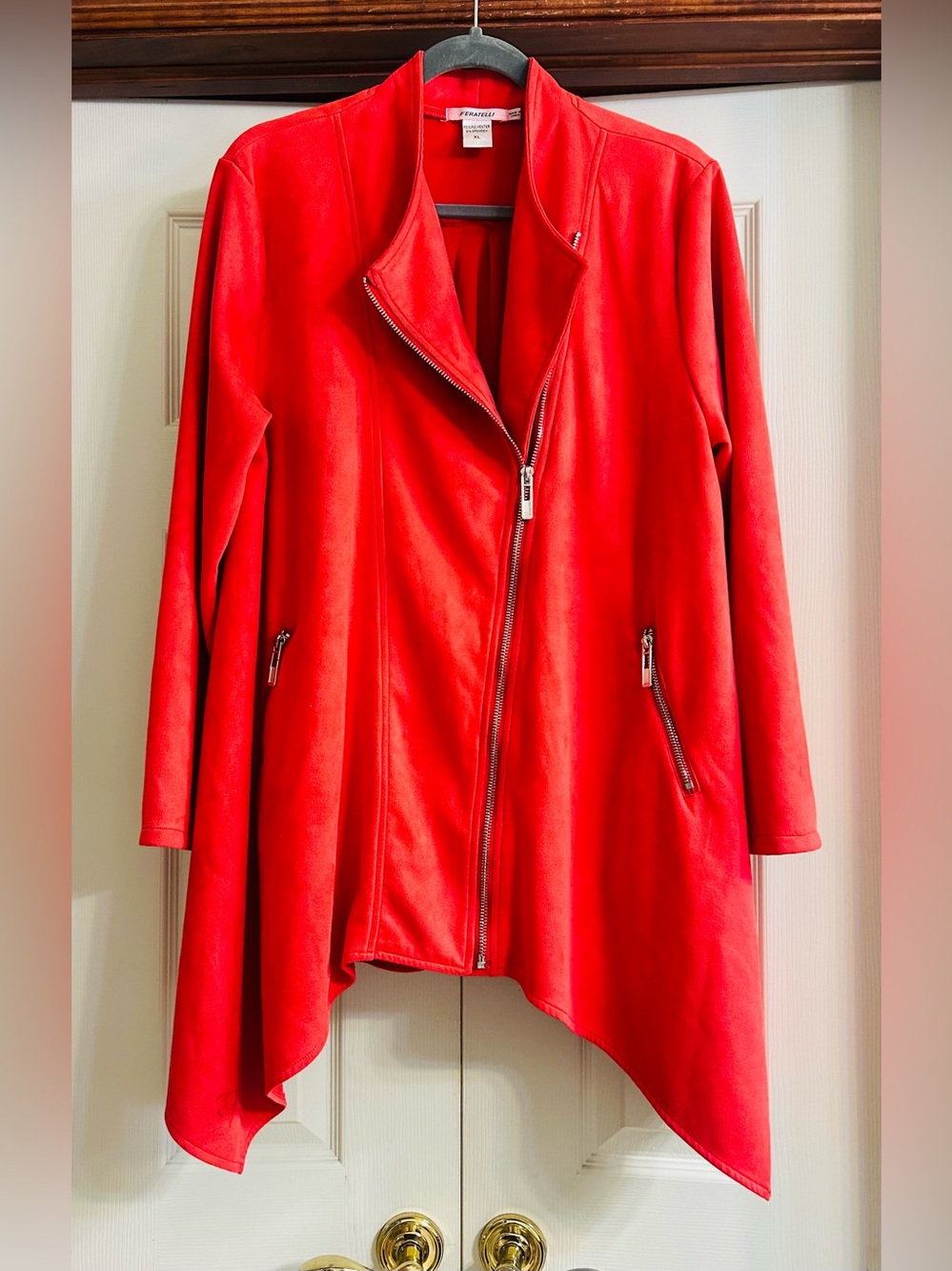 Women's Red Asymmetrical Faux Suede Swing Coat with Zip Front